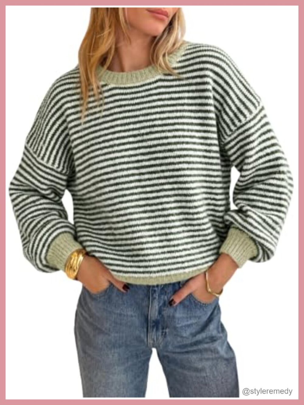 Loose Fit Striped Knit Pullover Sweater Crewneck Long Sleeve Casual Color Block